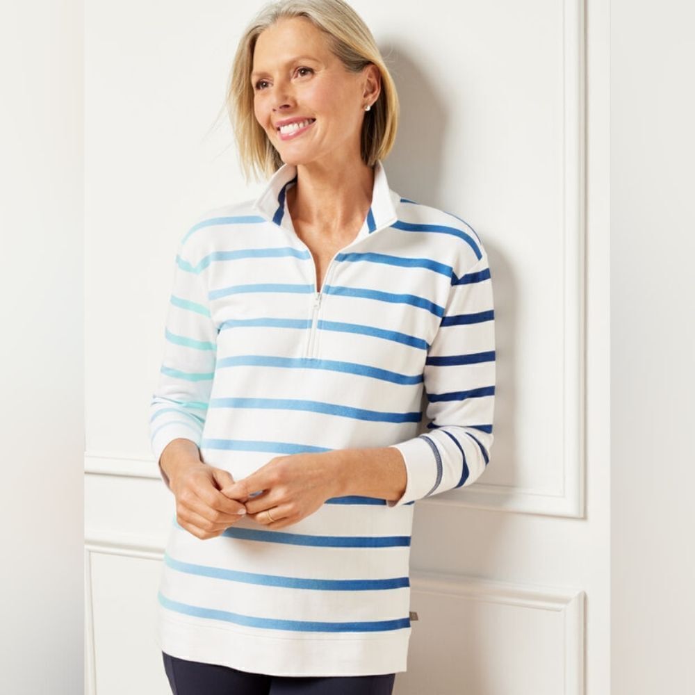 T By Talbots 3/4 Sleeve 1/2 Zip Pullover Plus Size Top In Tropic Stripe Size 3X